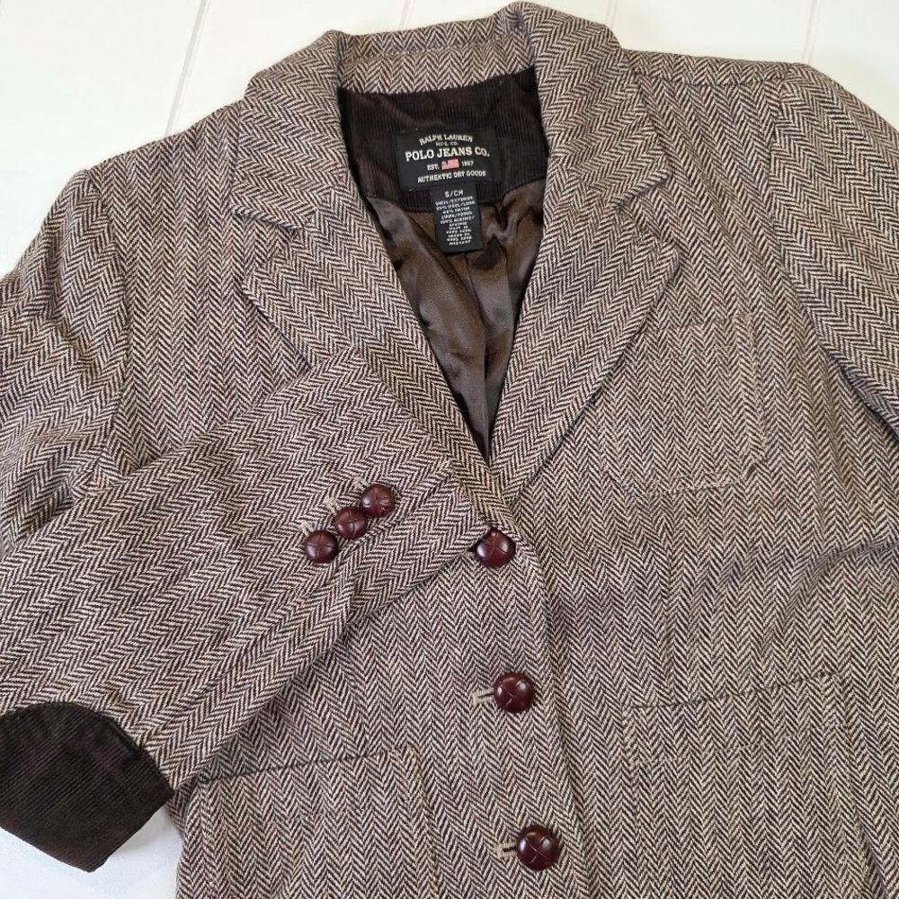 VTG Polo Ralph Lauren Womens S Blazer Brown Herringbone Wool Blend Elbow Patches